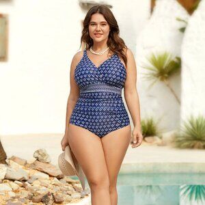 Boho Print Color Contrast One-Piece Swimsuit – Indigo (3X / 22–24)